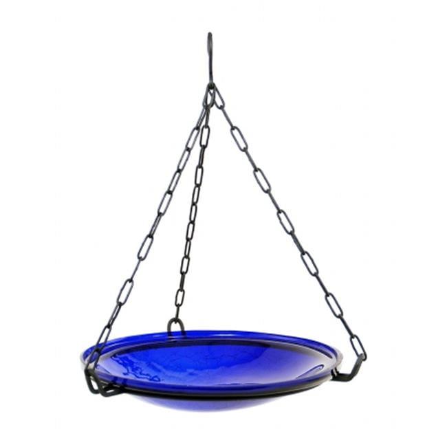 Cobalt Blue Crackle Glass Hanging Birdbath with Iron Chain