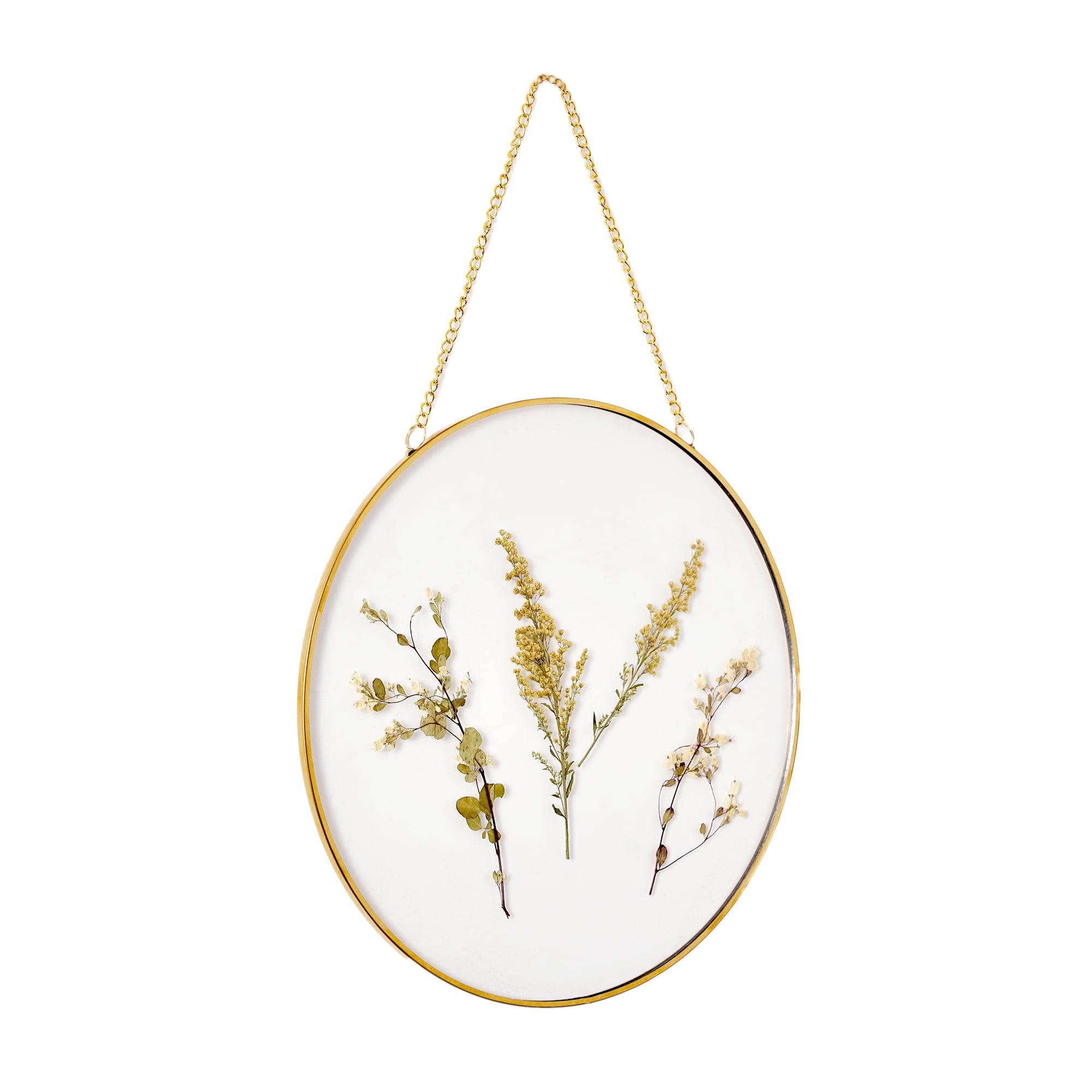 Hanging Gold Circular Framed Glass Dried Pressed Floral Wall Decor