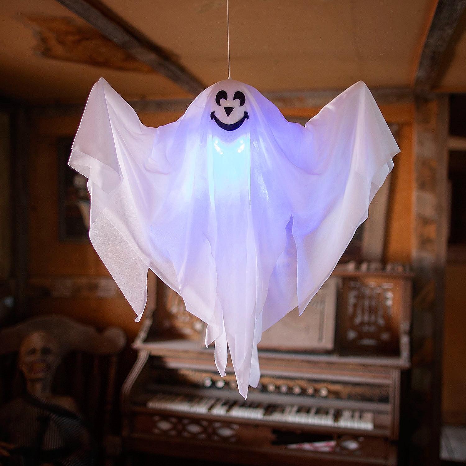 19-Inch White Light-Up Smiling Ghost Halloween Hanging Decoration