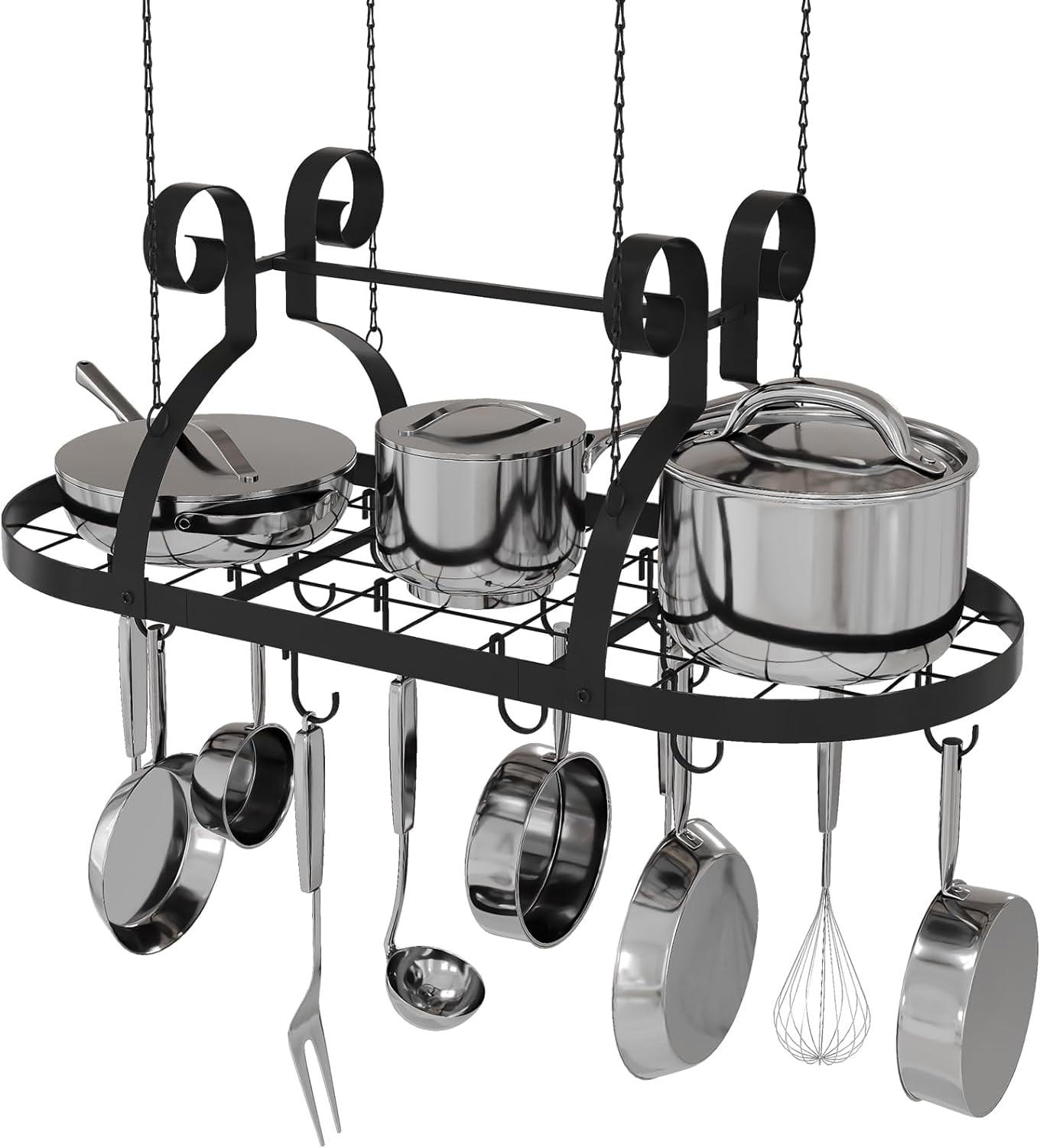 Black Oval Metal Ceiling Pot Rack with 15 Hooks