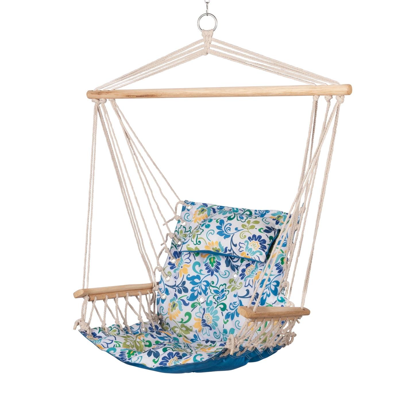 Extra Padded Blue Floral Fabric Hammock Chair with Wooden Armrests