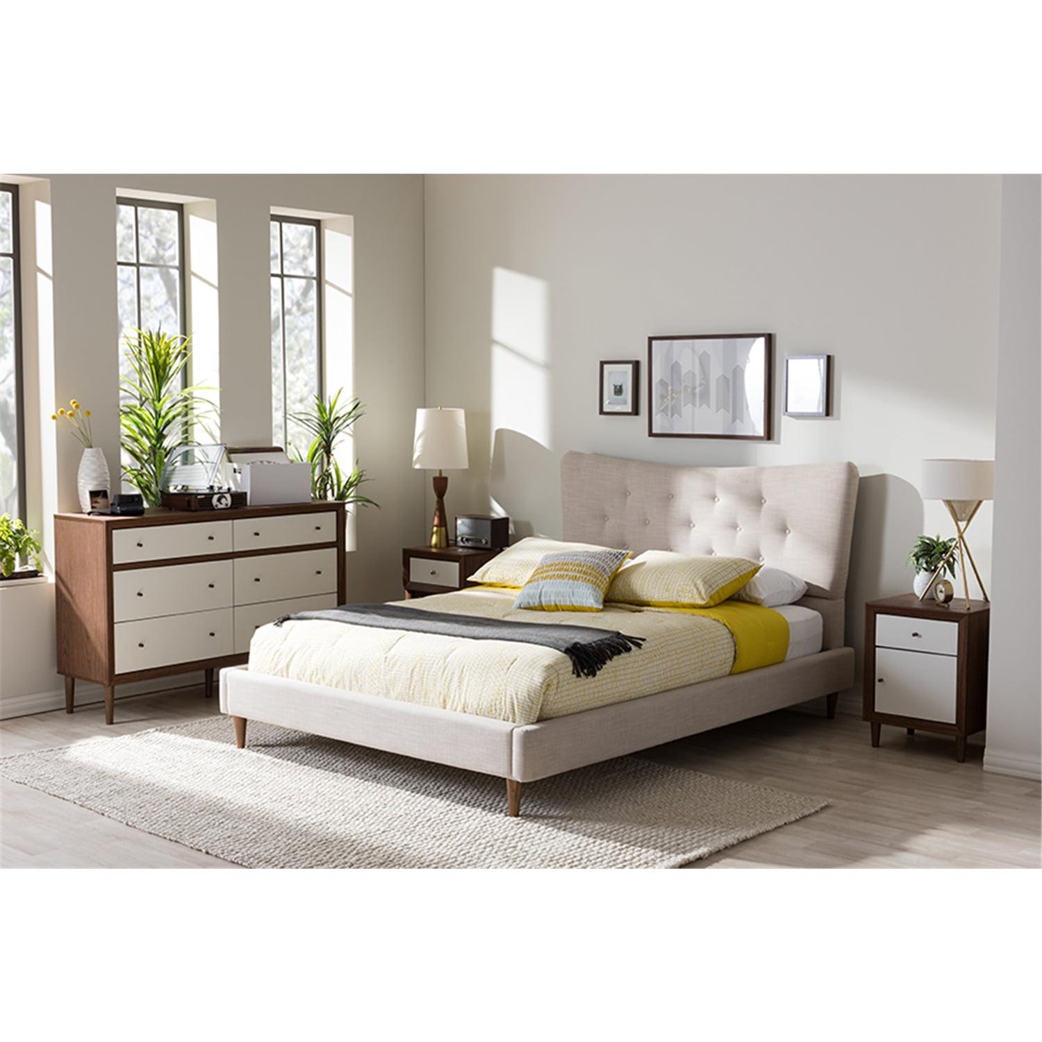 Hannah King-Size Beige Linen Upholstered Platform Bed with Walnut Frame