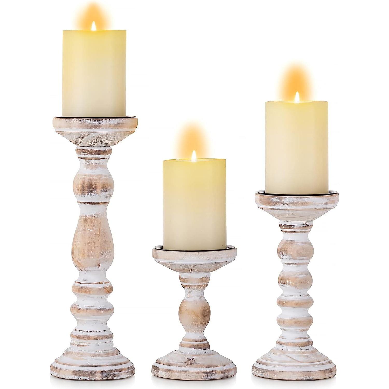 DecMode Traditional and Timeless Mango Wood Pillar Candle Holder Set of 3, 6", 8", 10"H, Cream Finish