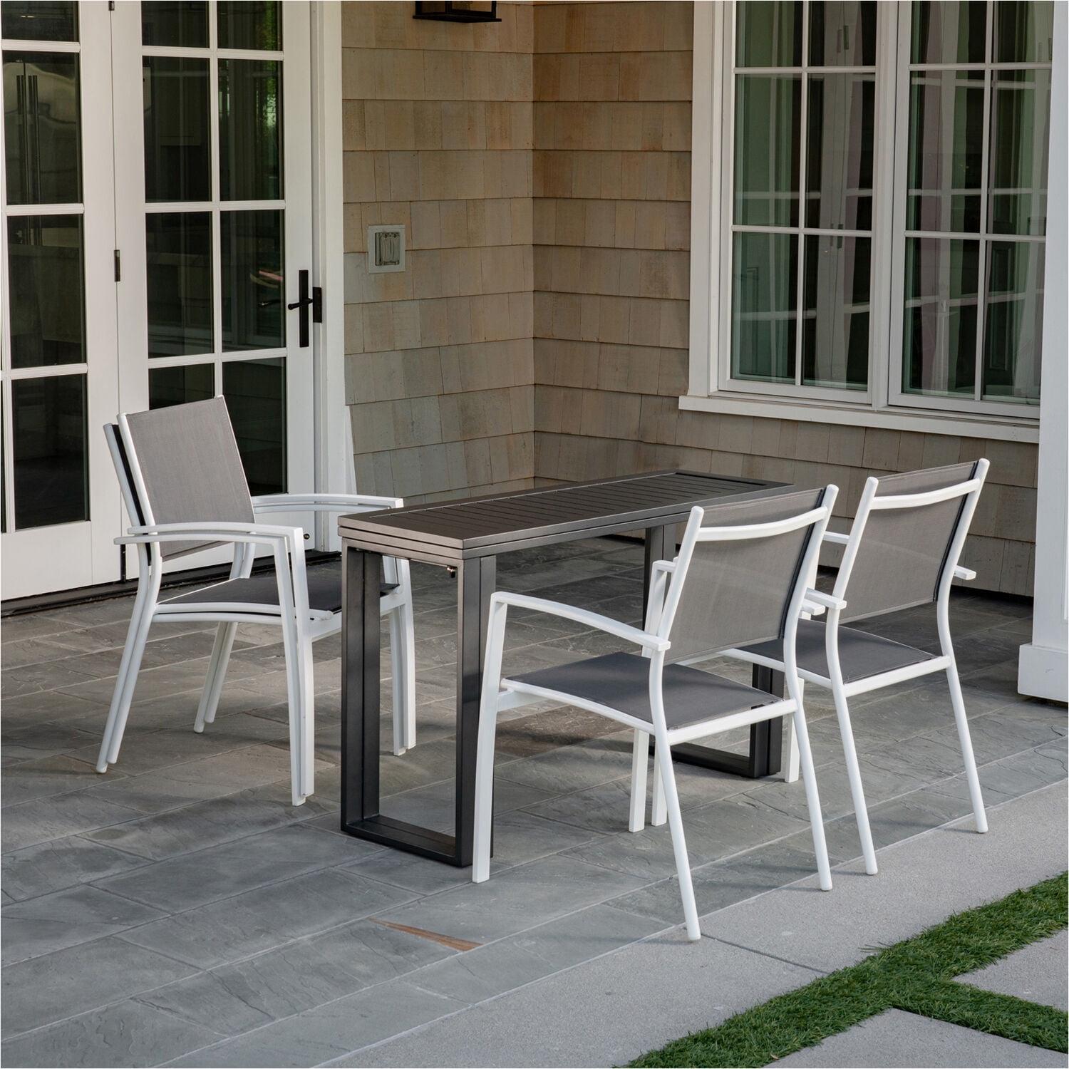 Compact 5-Piece Outdoor Dining Set with Foldable Slat-Top Table and Stackable Chairs in White/Gray