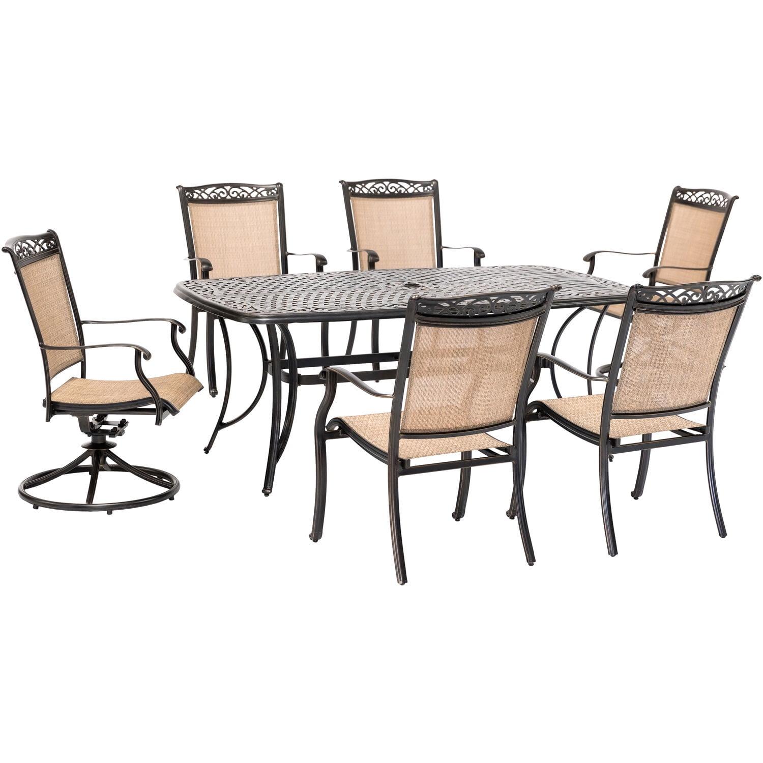 Hanover Fontana 7-Piece Outdoor Dining Set with 2 Sling Swivel Rockers, 4 Sling Chairs, and a 38-In. x 72-In. Cast-Top Table