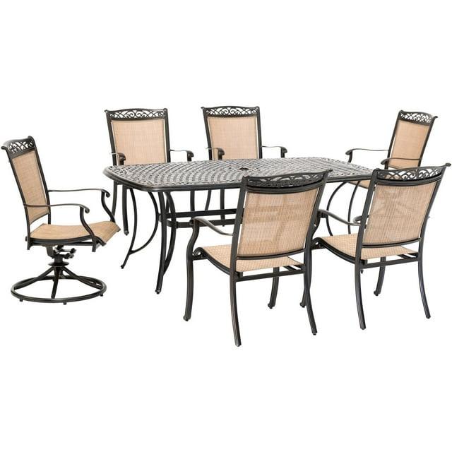 Hanover Fontana 7-Piece Outdoor Dining Set with 2 Sling Swivel Rockers, 4 Sling Chairs, and a 38-In. x 72-In. Cast-Top Table