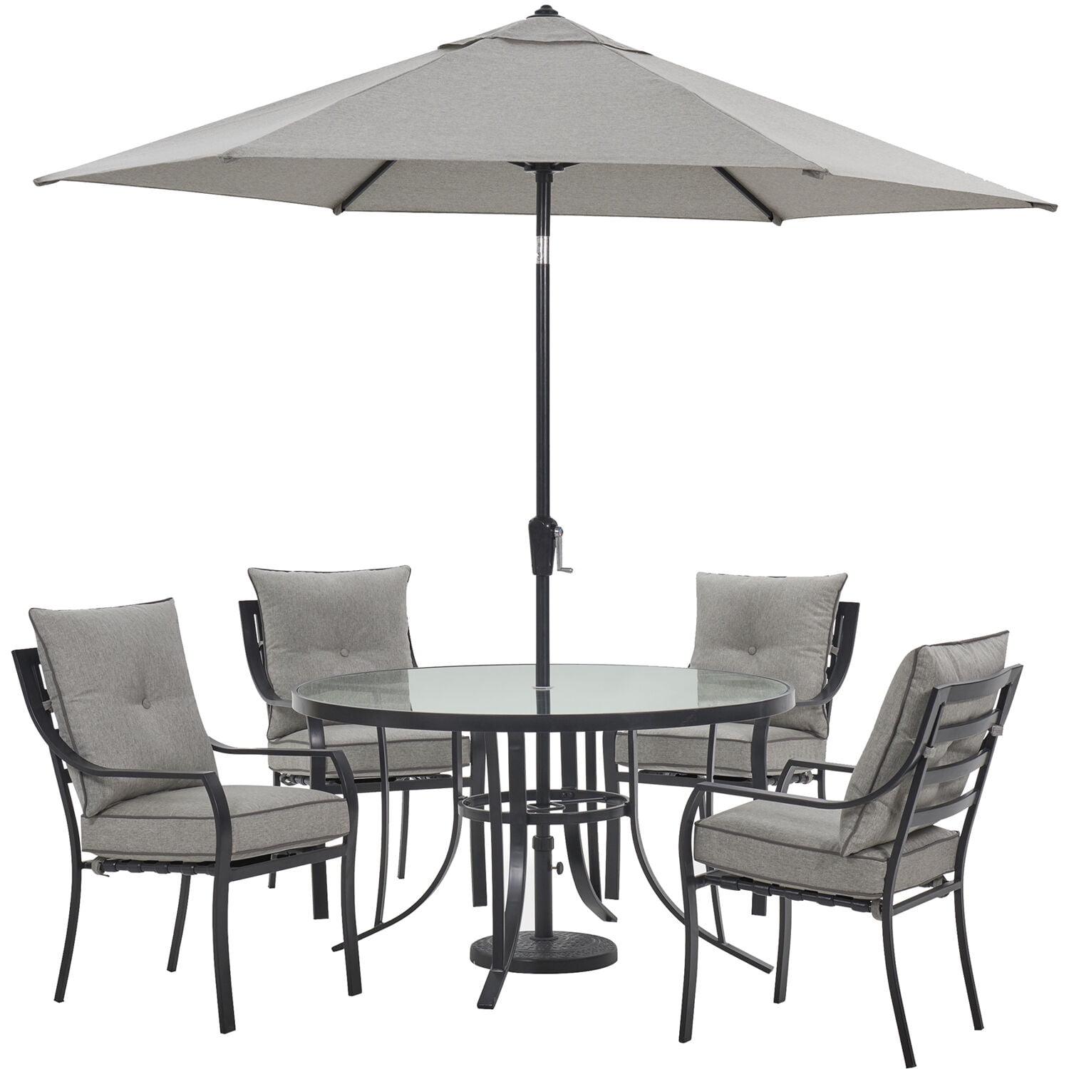 Hanover Lavallette 5-Piece Modern Outdoor Dining Set with Umbrella, Silver