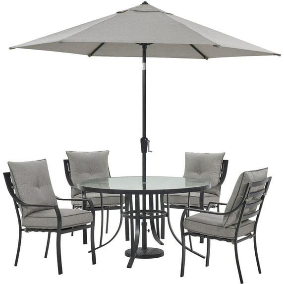 Hanover Lavallette 5-Piece Modern Outdoor Dining Set with Umbrella, Silver