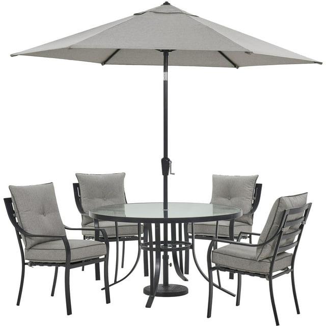 Hanover Lavallette 5-Piece Modern Outdoor Dining Set with Umbrella, Silver
