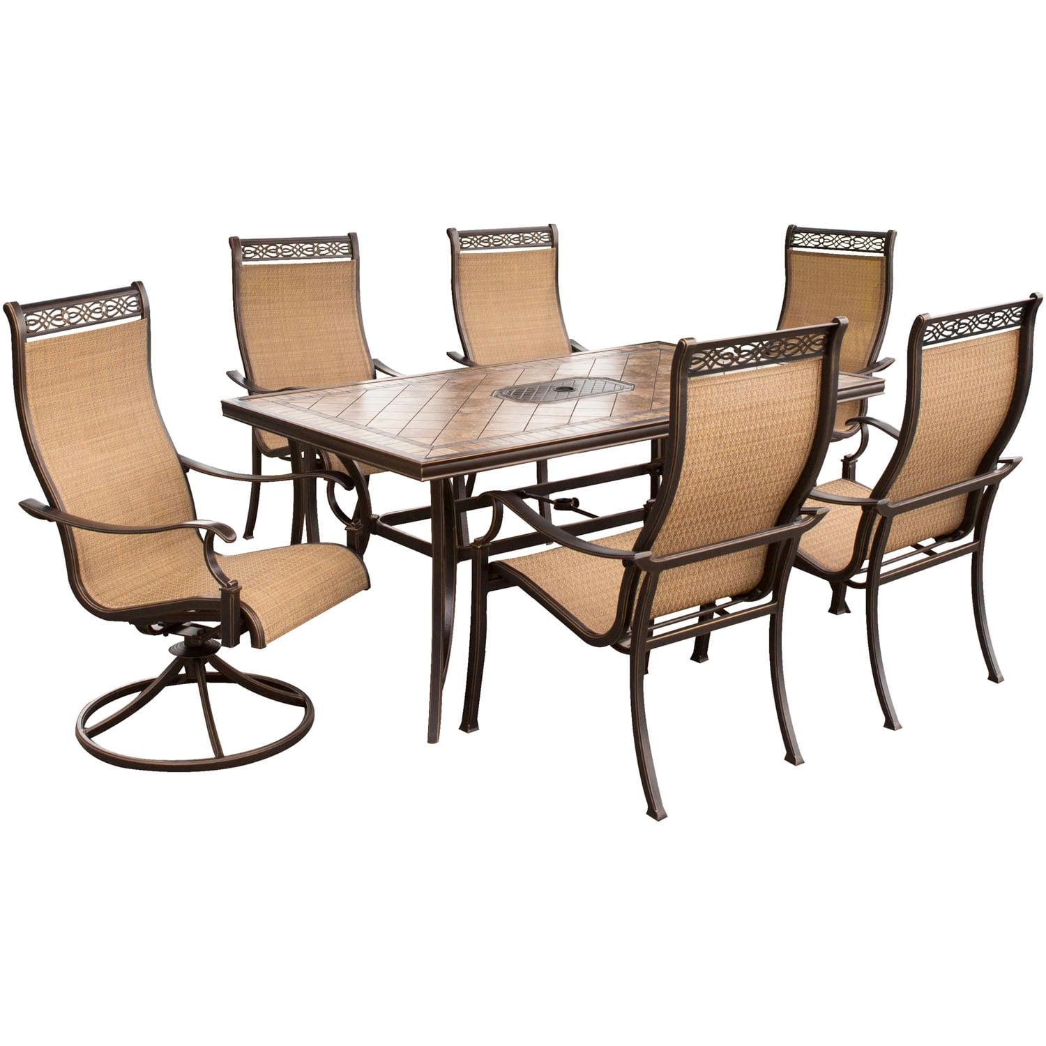 Hanover Monaco 7-Piece Outdoor Patio Dining Set with 4 PVC Sling Dining Chairs, 2 Swivel Rockers, and 40" x 68" Porcelain Tile Rectangular Dining Table | MONACO7PCSW