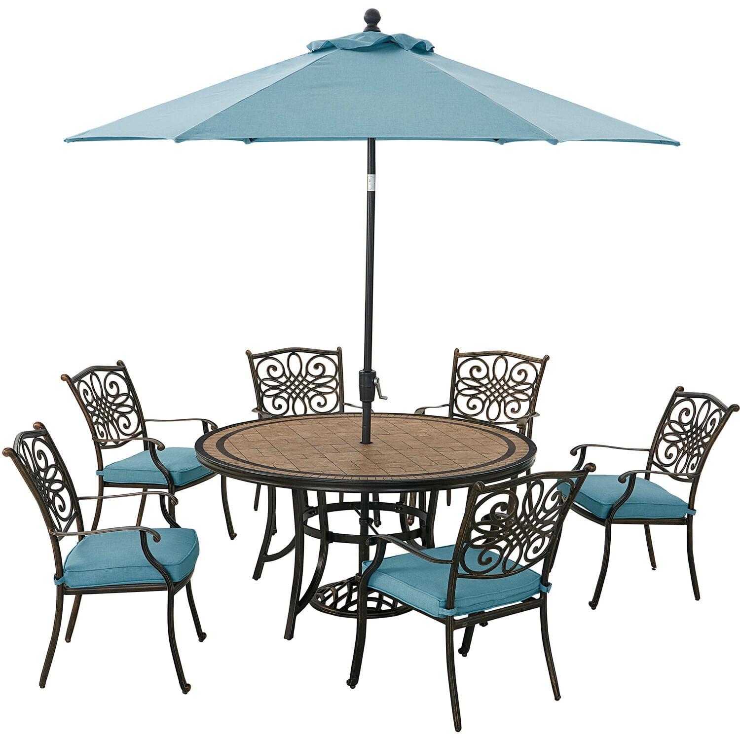 Elegant Monaco 60" Round Tile Dining Set for 6 with Cushions and Umbrella, Blue