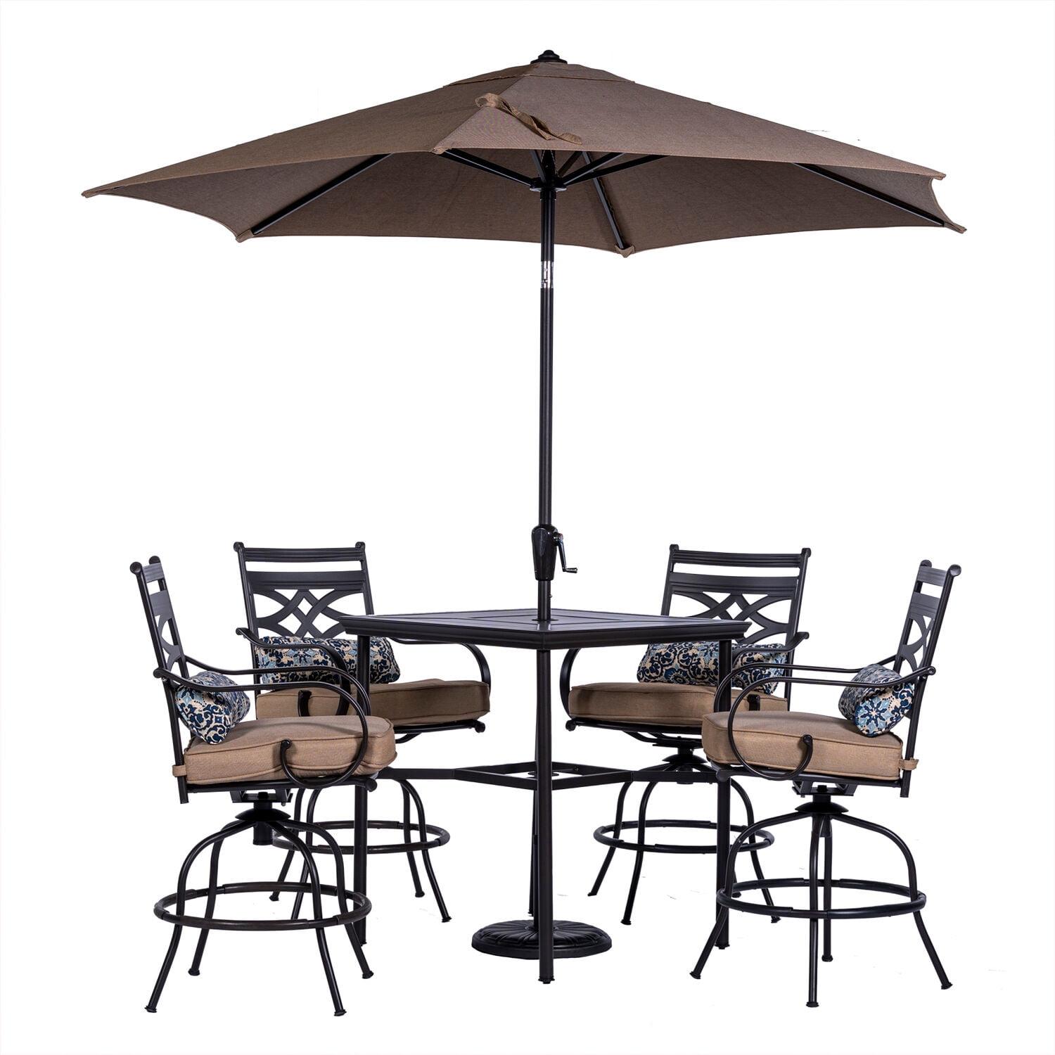 Hanover Montclair 5-Piece All-Weather Outdoor Patio High Dining Set, 4 Swivel Counter-Height Chairs with Comfortable Seat and Lumbar Cushions, 33" Square Stamped Rectangle Table, Umbrella, and Base