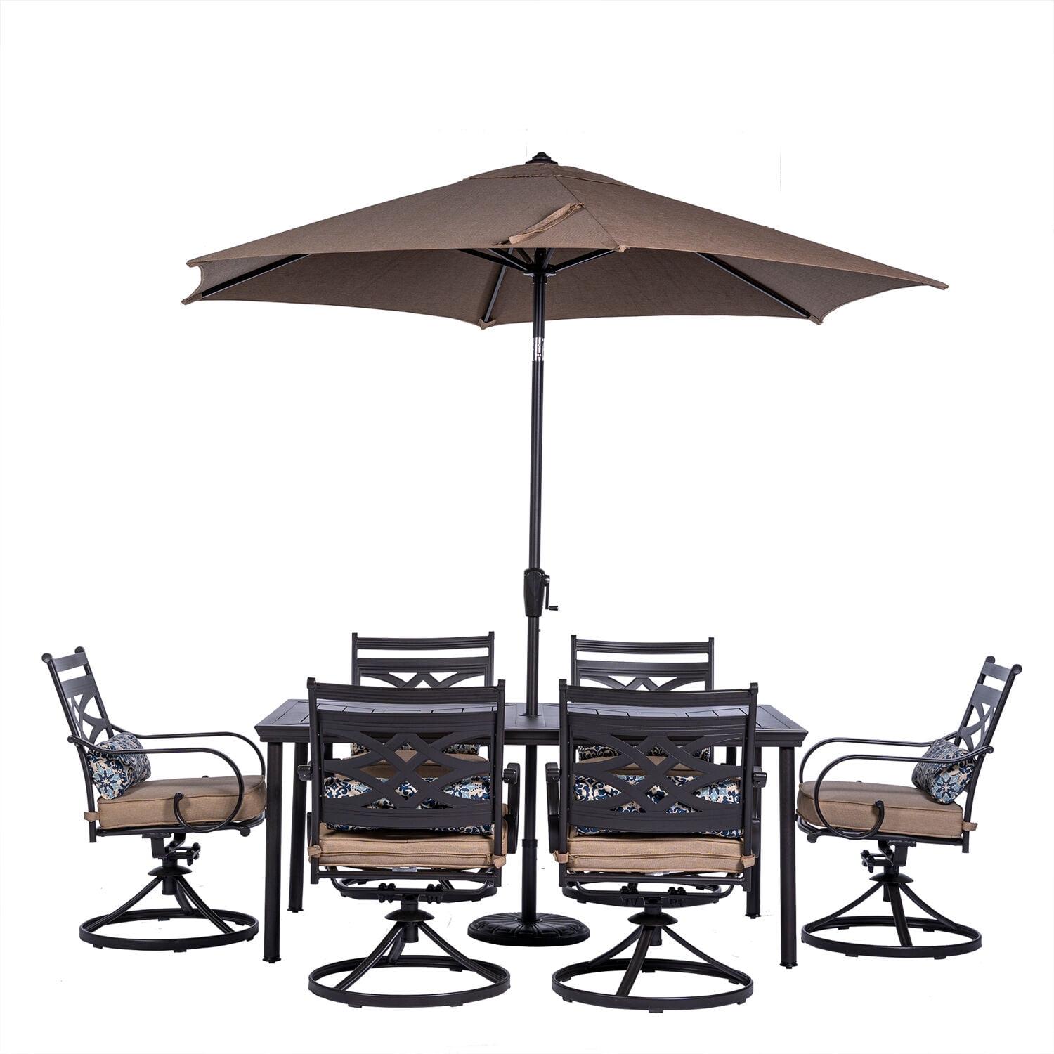 Montclair 7-Piece Tan Cushioned Steel Outdoor Dining Set with Umbrella