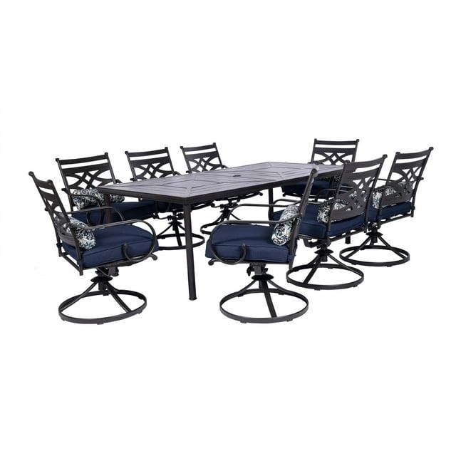 Hanover Montclair 9-Piece All-Weather Outdoor Patio Dining Set, 8 Swivel Rocker Chairs with Comfortable Seat and Lumbar Cushions, 84"x42" Stamped Rectangle Table, MCLRDN9PCSW8-NVY