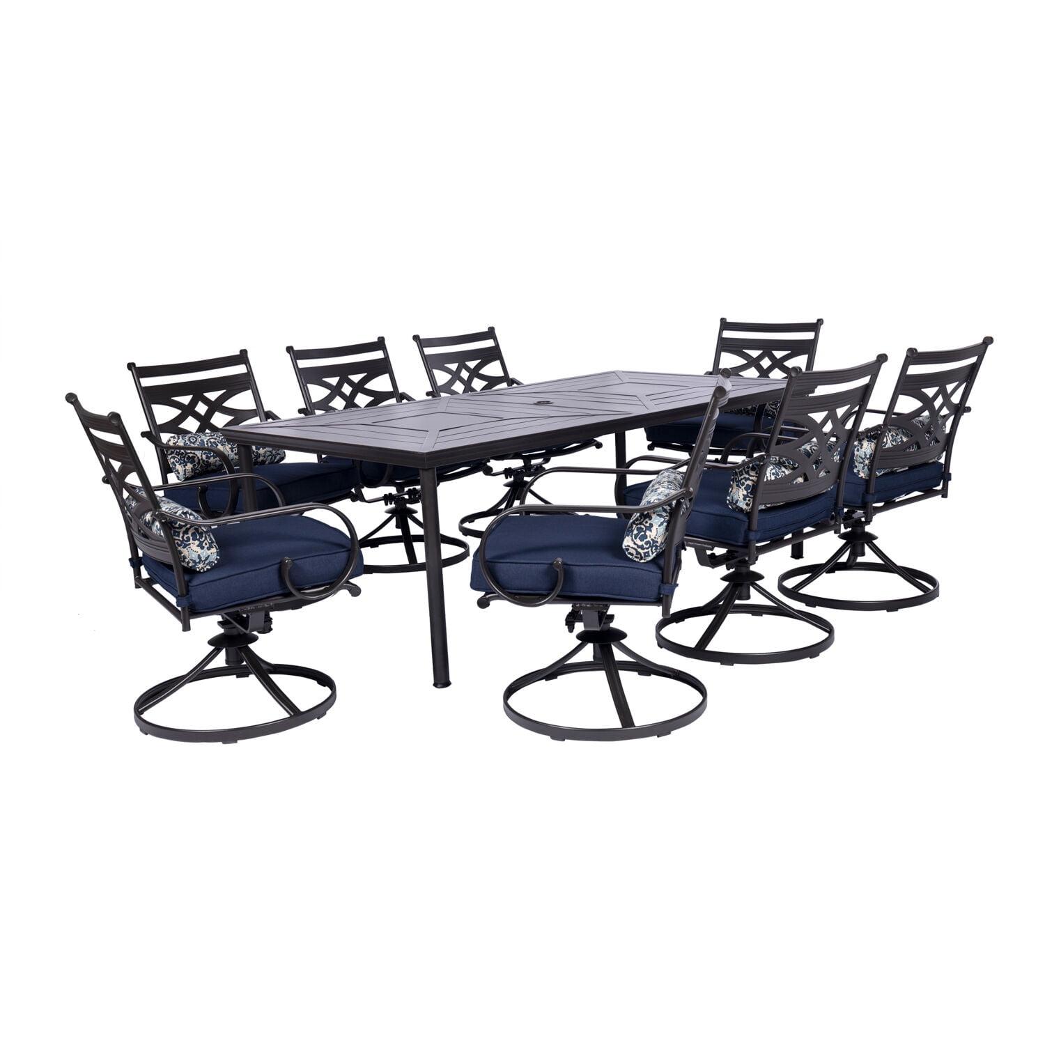 Hanover Montclair 9-Piece All-Weather Outdoor Patio Dining Set, 8 Swivel Rocker Chairs with Comfortable Seat and Lumbar Cushions, 84"x42" Stamped Rectangle Table, MCLRDN9PCSW8-NVY
