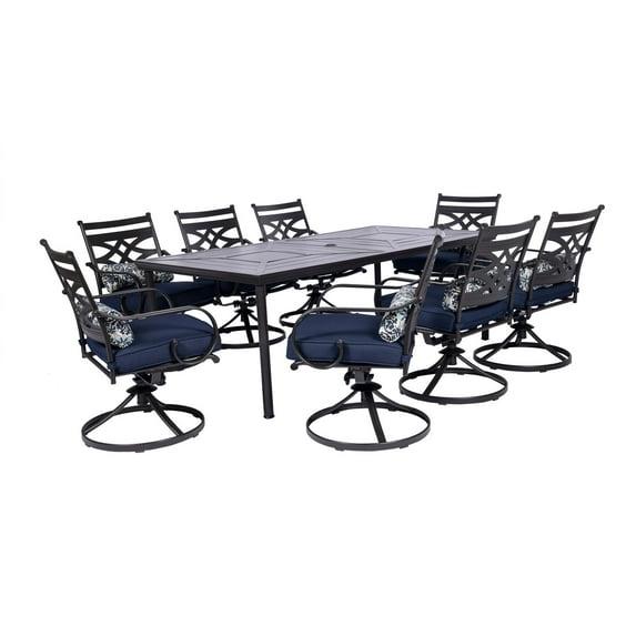 Hanover Montclair 9-Piece All-Weather Outdoor Patio Dining Set, 8 Swivel Rocker Chairs with Comfortable Seat and Lumbar Cushions, 84"x42" Stamped Rectangle Table, MCLRDN9PCSW8-NVY