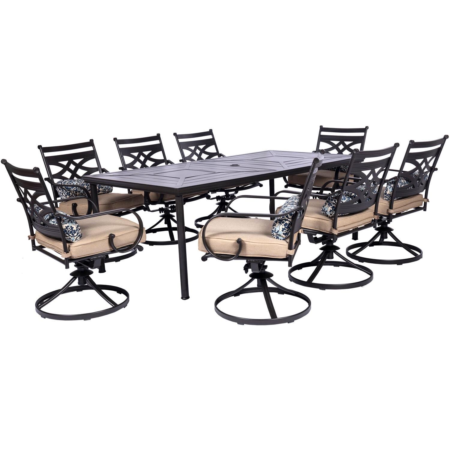 Hanover Montclair 9-Piece All-Weather Outdoor Patio Dining Set, 8 Swivel Rocker Chairs with Comfortable Seat and Lumbar Cushions, 84"x42" Stamped Rectangle Table, MCLRDN9PCSW8-TAN
