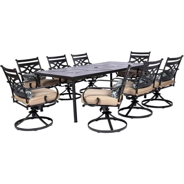Hanover Montclair 9-Piece All-Weather Outdoor Patio Dining Set, 8 Swivel Rocker Chairs with Comfortable Seat and Lumbar Cushions, 84"x42" Stamped Rectangle Table, MCLRDN9PCSW8-TAN