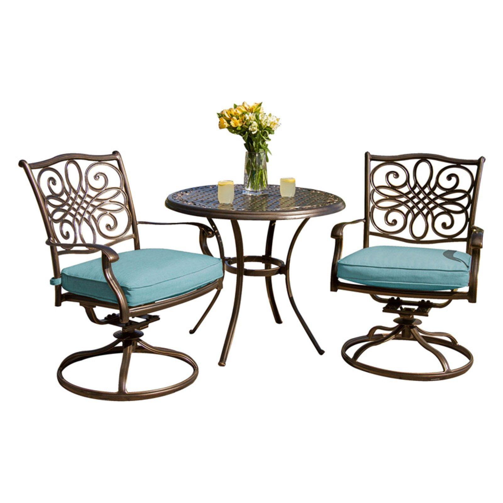 Bronze and Blue Aluminum 3-Piece Swivel Bistro Set