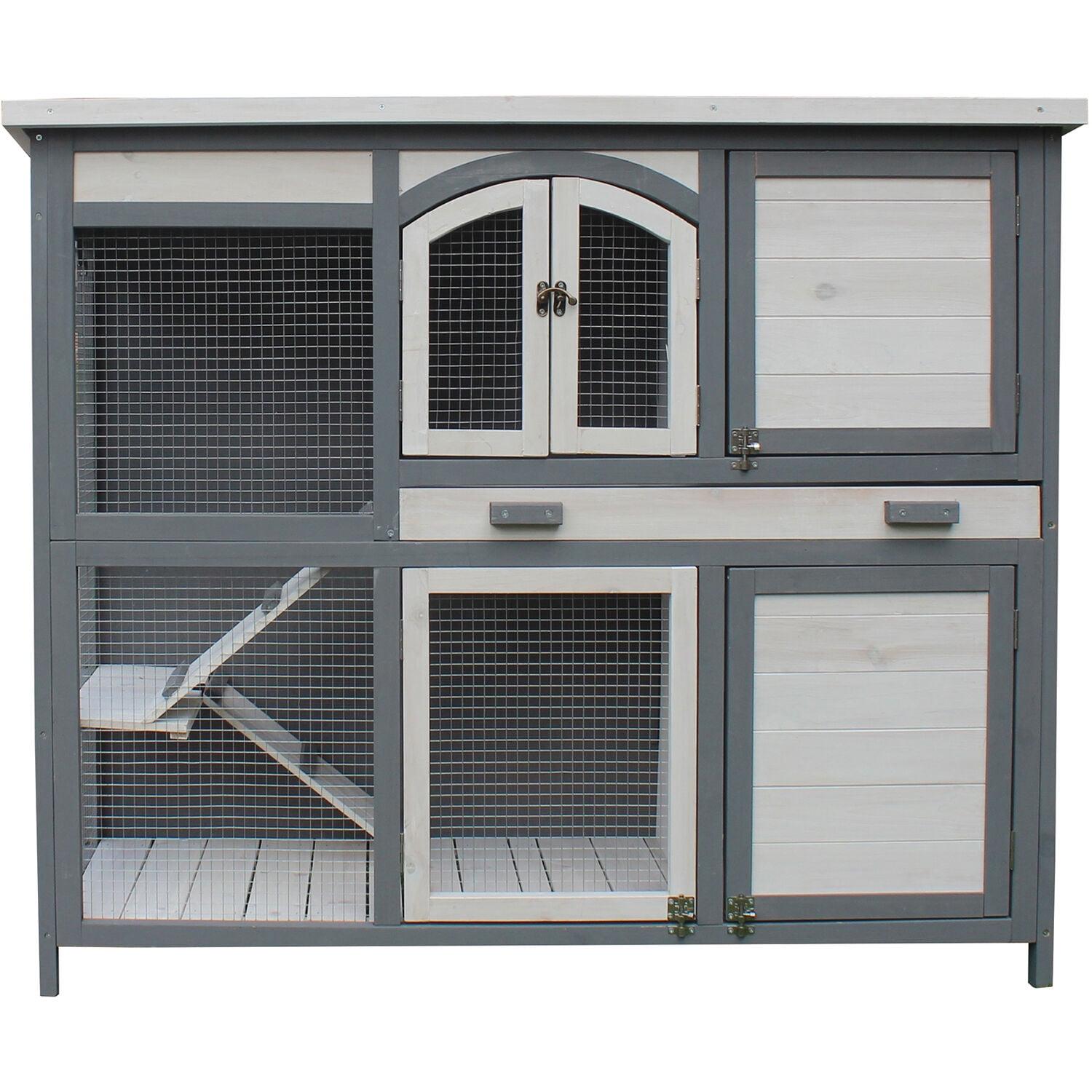Hanover Outdoor Wooden 2-Story Rabbit Hutch with 2 Ramps, Wire Mesh Run and Removable Tray 4 Ft. W x 1.6 Ft. D x 3.4 Ft. H