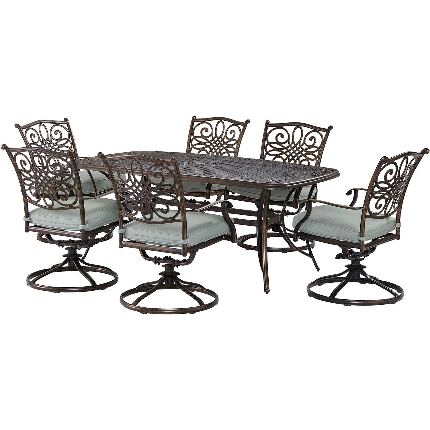 Elegant 7-Piece Mist Blue Cast-Aluminum Patio Dining Set with Swivel Rockers