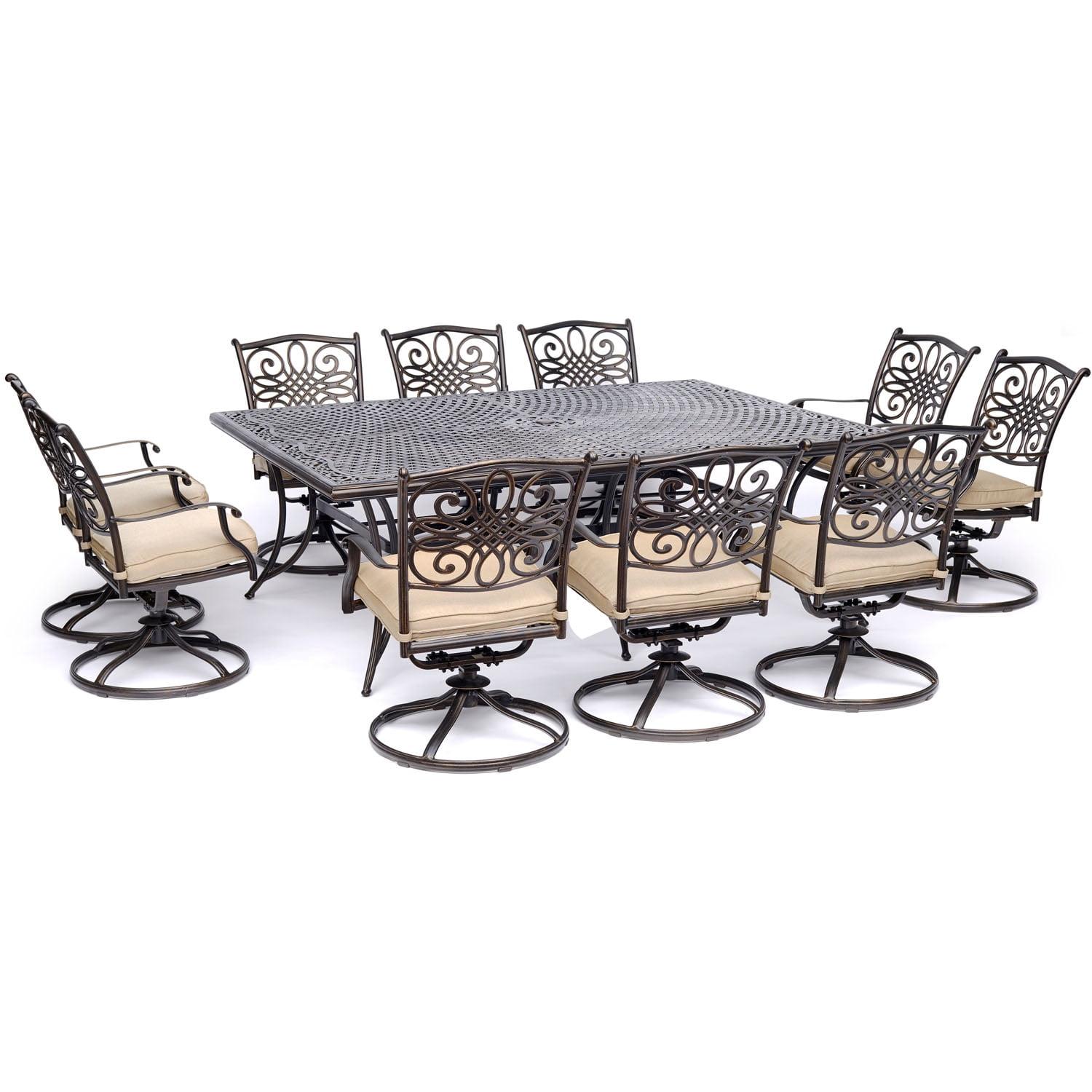 Hanover Traditions 11-Piece Outdoor Patio Dining Set with Tan Cushions, 10 Swivel Rockers and Aluminum Rectangular Dining Table, TRADDN11PCSW10