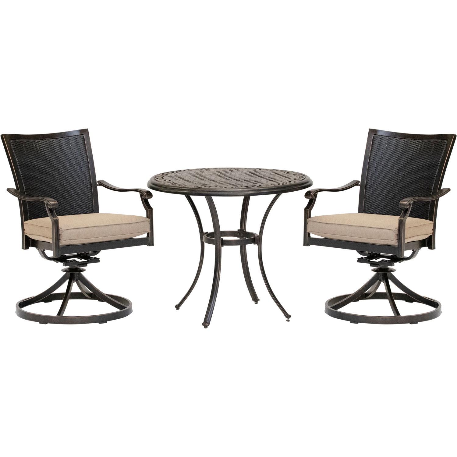 Hanover Traditions 3-Piece Outdoor Furniture Patio Bistro Set, 2 Cushioned Wicker Aluminum Swivel Rocker Chairs and 32" Round Cast Table, Natural Oat