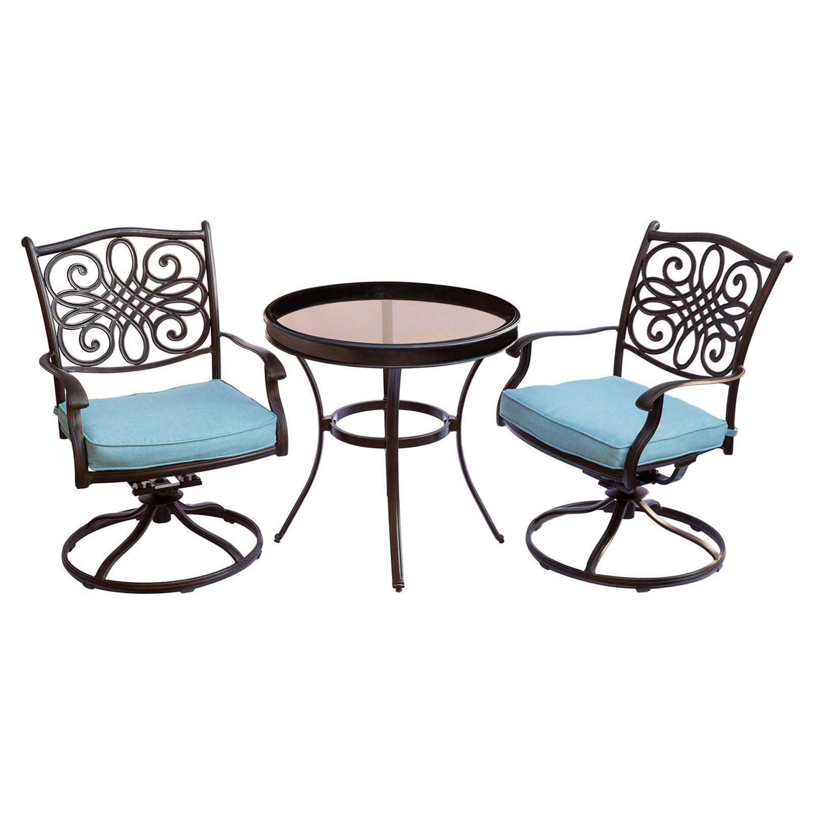 Hanover Traditions 3-Piece Swivel Bistro Set in Blue with 30 in. Glass-top Table