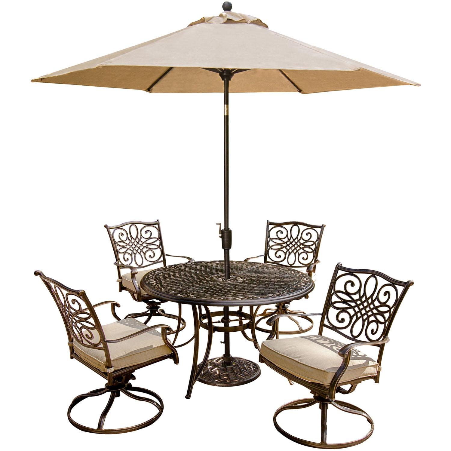 Hanover Traditions 5 Pcs Aluminum Outdoor Dining Set Seats 4 with Umbrella, Tan
