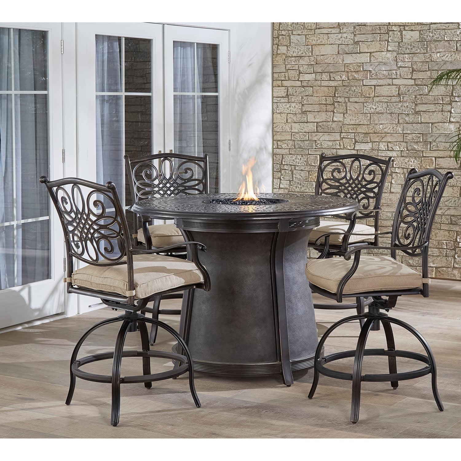 Hanover Traditions 5-Piece High-Dining Set in Tan with 4 Swivel Chairs and a 40,000 BTU Cast-top Fire Pit Table
