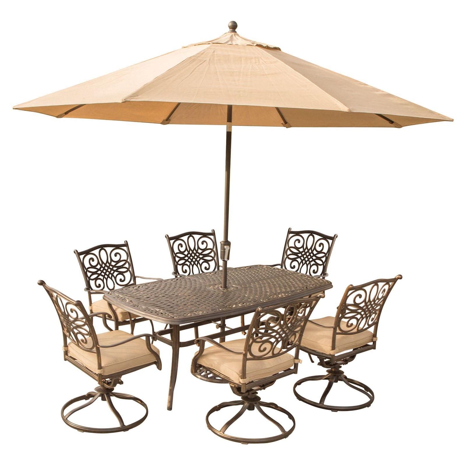 Tan and Bronze 6-Person Aluminum Outdoor Dining Set with Umbrella