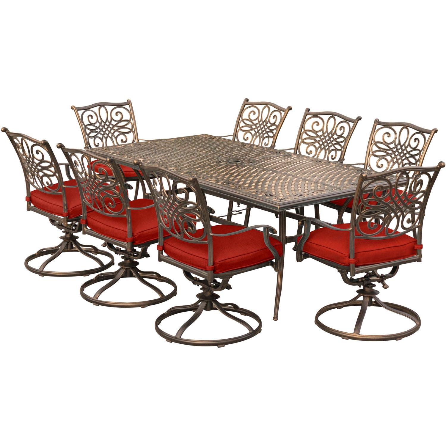 Hanover 9-Piece Bronze Aluminum Outdoor Dining Set with Red Cushions