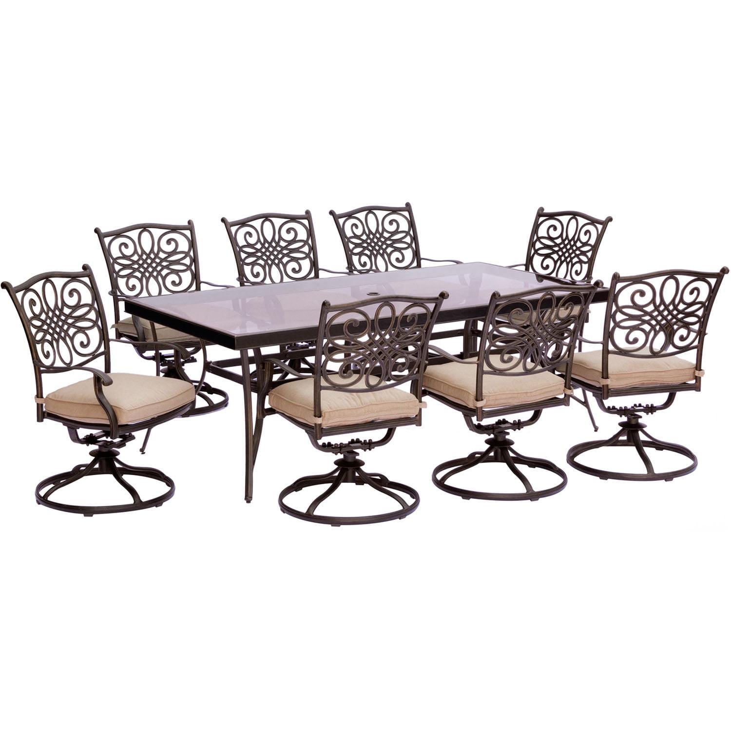 Hanover Traditions 9-Piece Bronze Aluminum Patio Dining Set with Beige Cushions