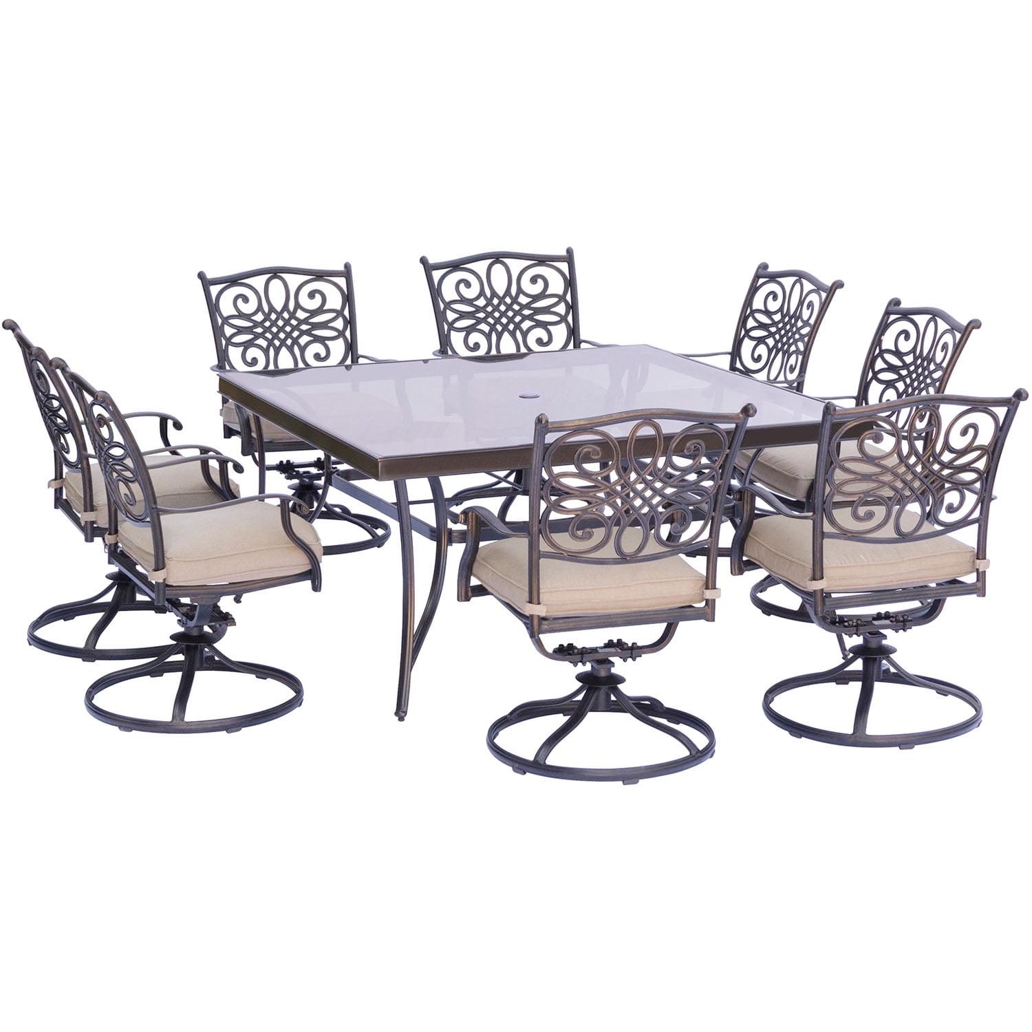 Traditions 9-Piece Bronze Aluminum Outdoor Dining Set with Tan Cushions