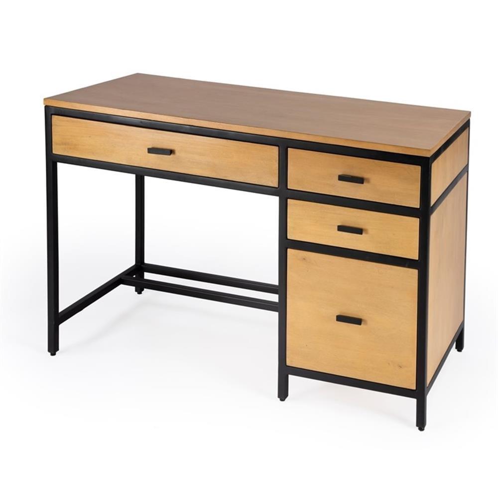 Hans 48" Natural Wood and Black Storage Desk with Filing Cabinet