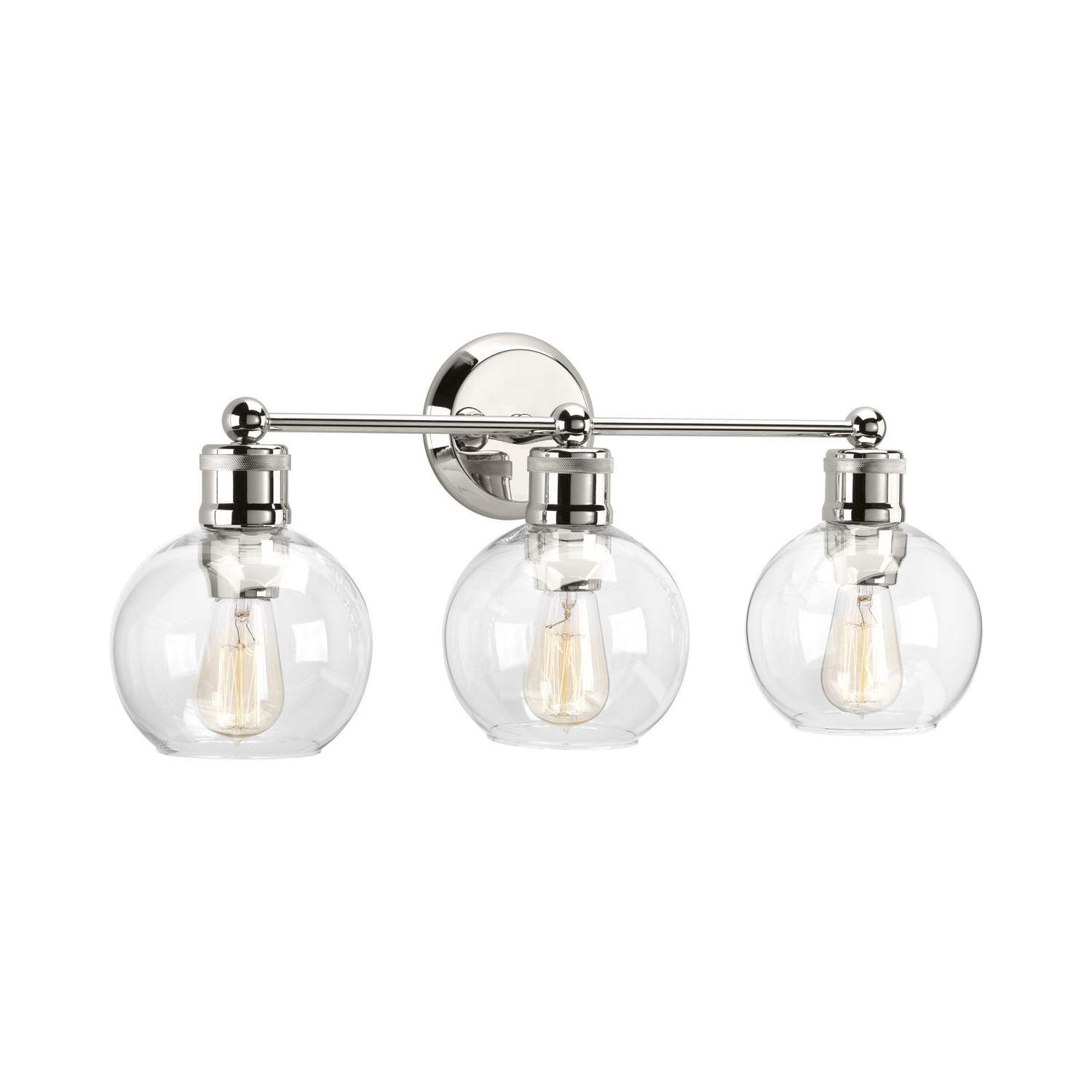 Progress Lighting Hansford 3-Light Bath Vanity Fixture, Polished Nickel, Clear Spherical Shade