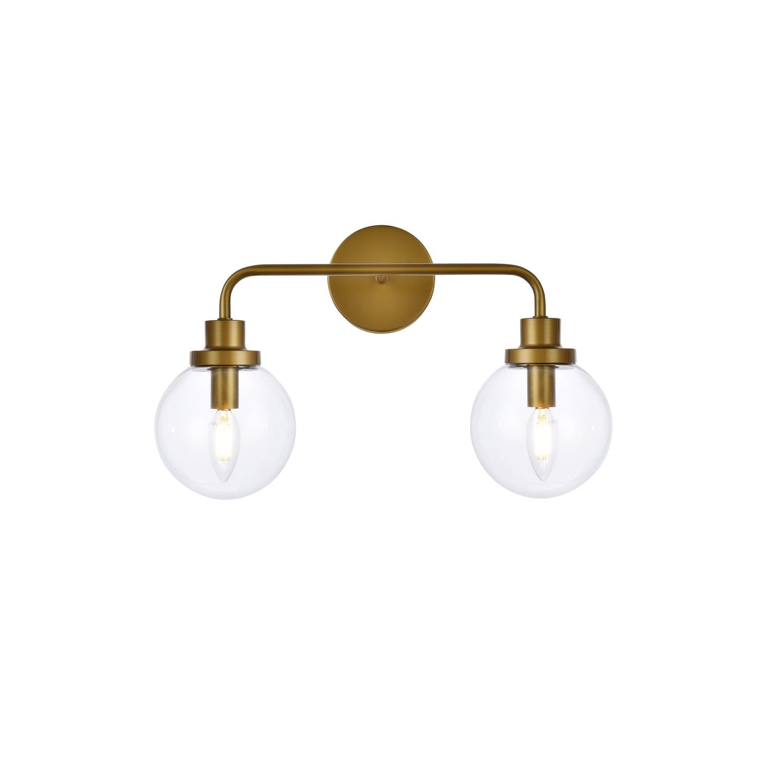 Elegant Hanson Brass 2-Light Bath Sconce with Clear Round Shade