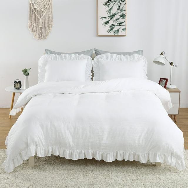 Haperlare 3Pcs Queen Size White Ruffle Duvet Cover Soft Washed Microfiber Vintage French Country Duvet Cover Set for Queen Bed, 90x90 in