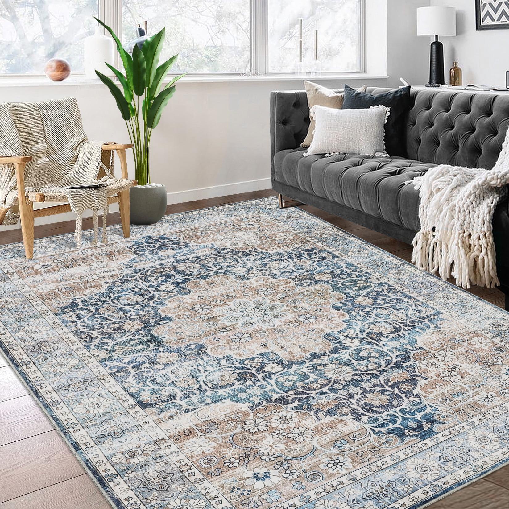 Oriental Machine Washable Rug with Rubber Backing for Living Room Floral Non-Slip Area Rug Vintage Indoor Carpet Non-Shedding Rug for Bedroom Dining Room Hallway Kitchen Office Playroom Nursery