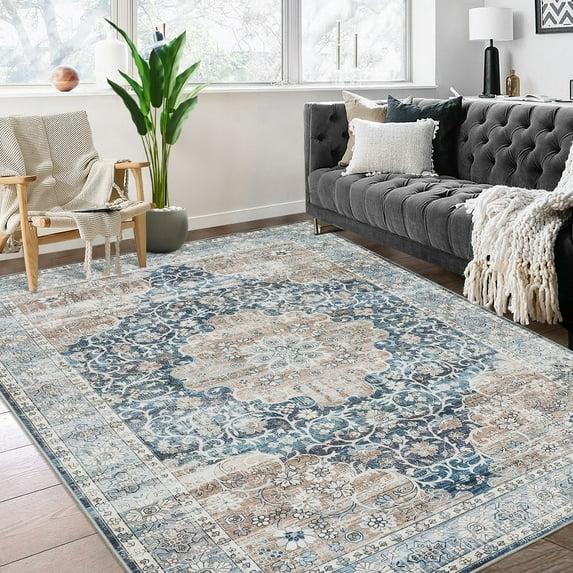 Oriental Machine Washable Rug with Rubber Backing for Living Room Floral Non-Slip Area Rug Vintage Indoor Carpet Non-Shedding Rug for Bedroom Dining Room Hallway Kitchen Office Playroom Nursery