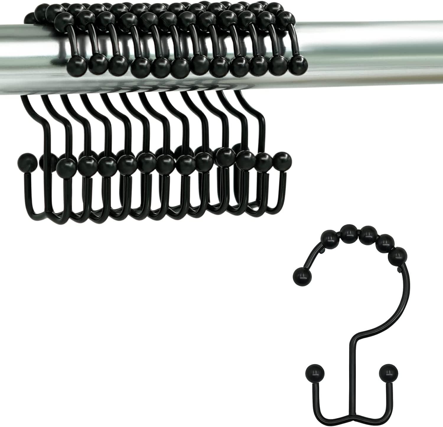 NimJoy Black Shower Curtain Ring Hooks, Rustproof Premium Stainless Steel Rollerball Easy Glide Shower Double-Hook, 12Pk