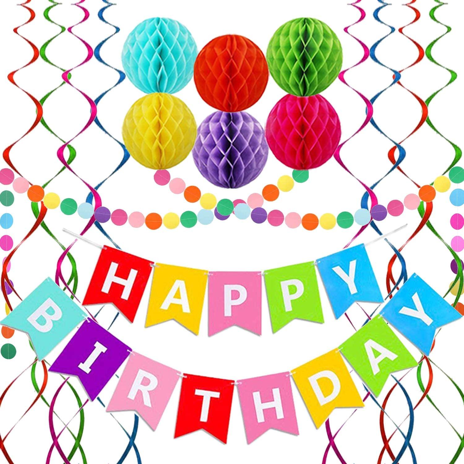 Rainbow Birthday Banner with Honeycomb Balls and Swirls