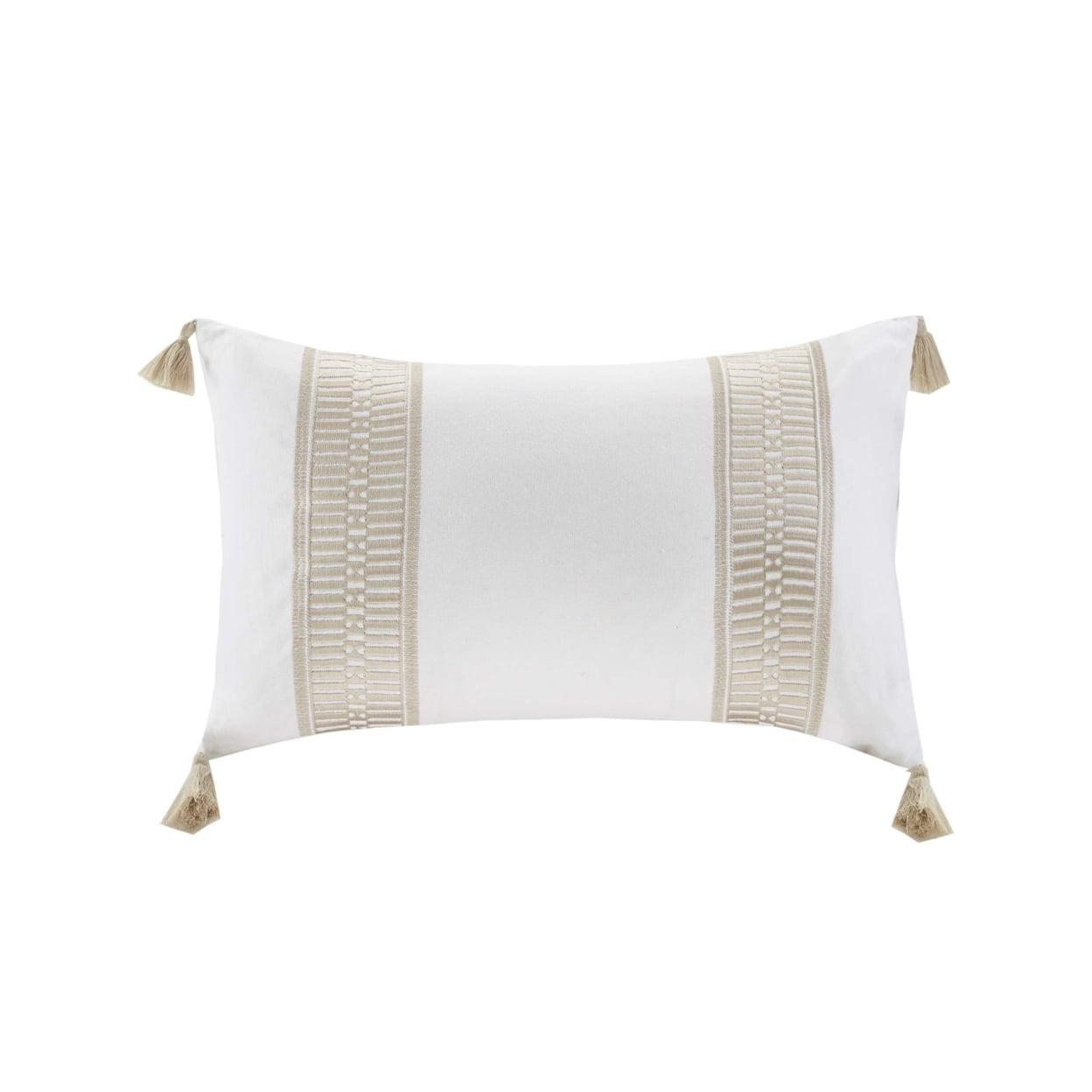 Cream Embroidered Cotton Oblong Decorative Pillow with Tassels