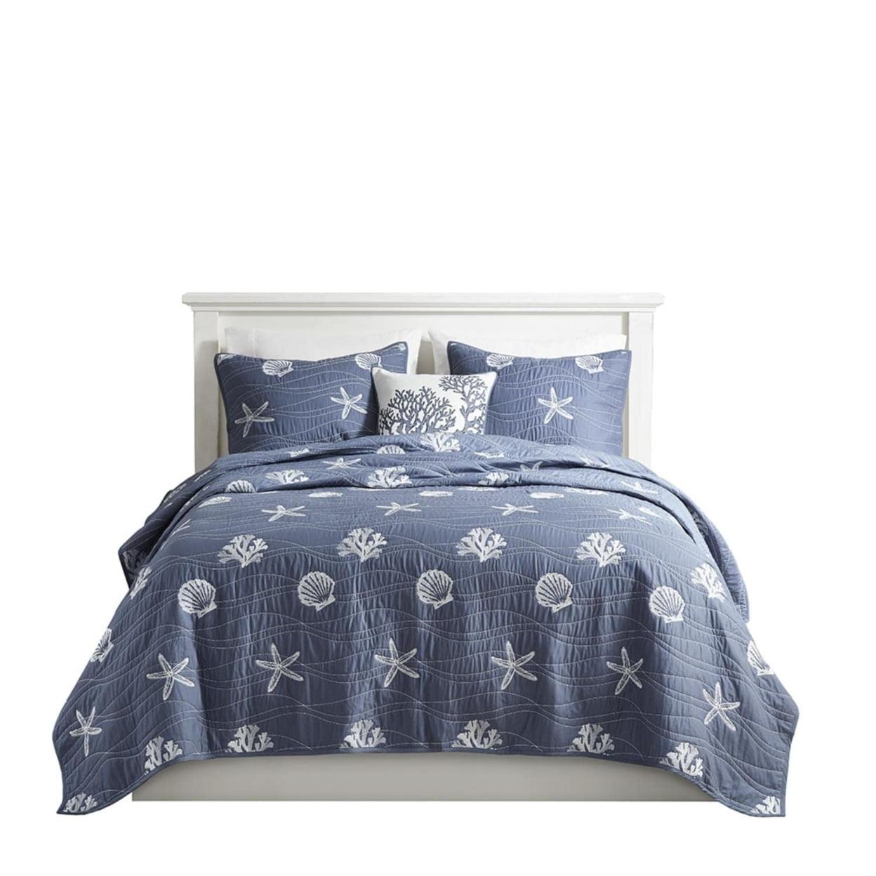 Seaside 4 Piece Cotton Reversible Embroidered Quilt Set