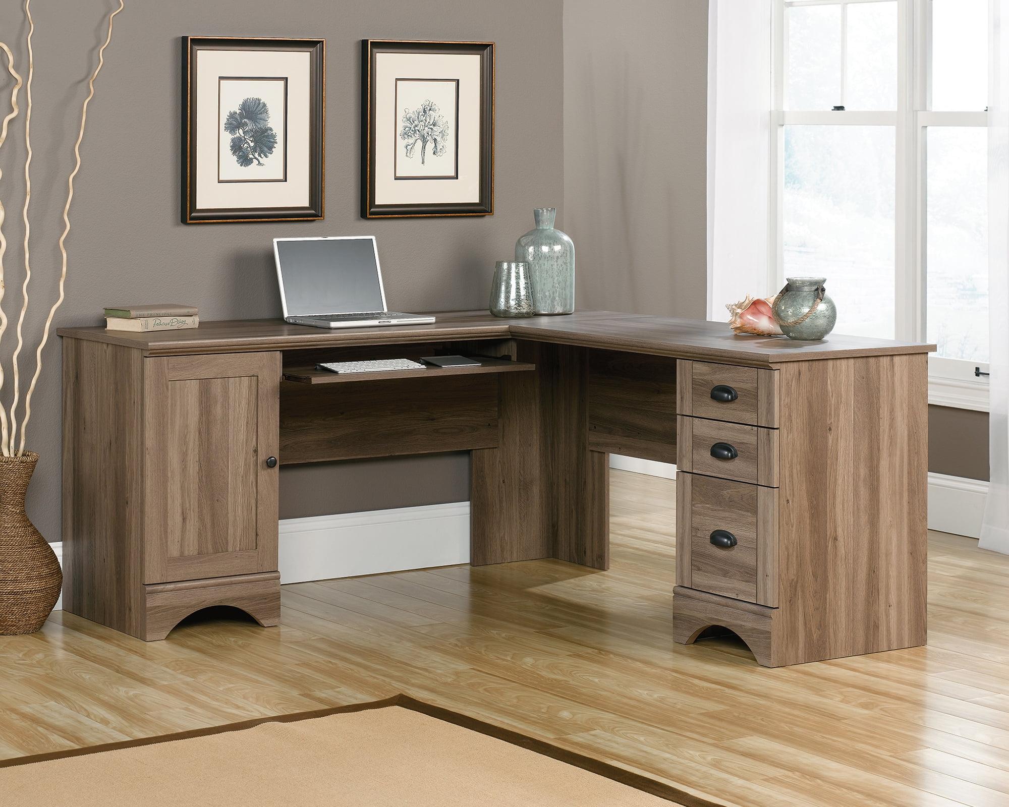 Salt Oak L-Shaped Corner Desk with Drawers and Keyboard Tray