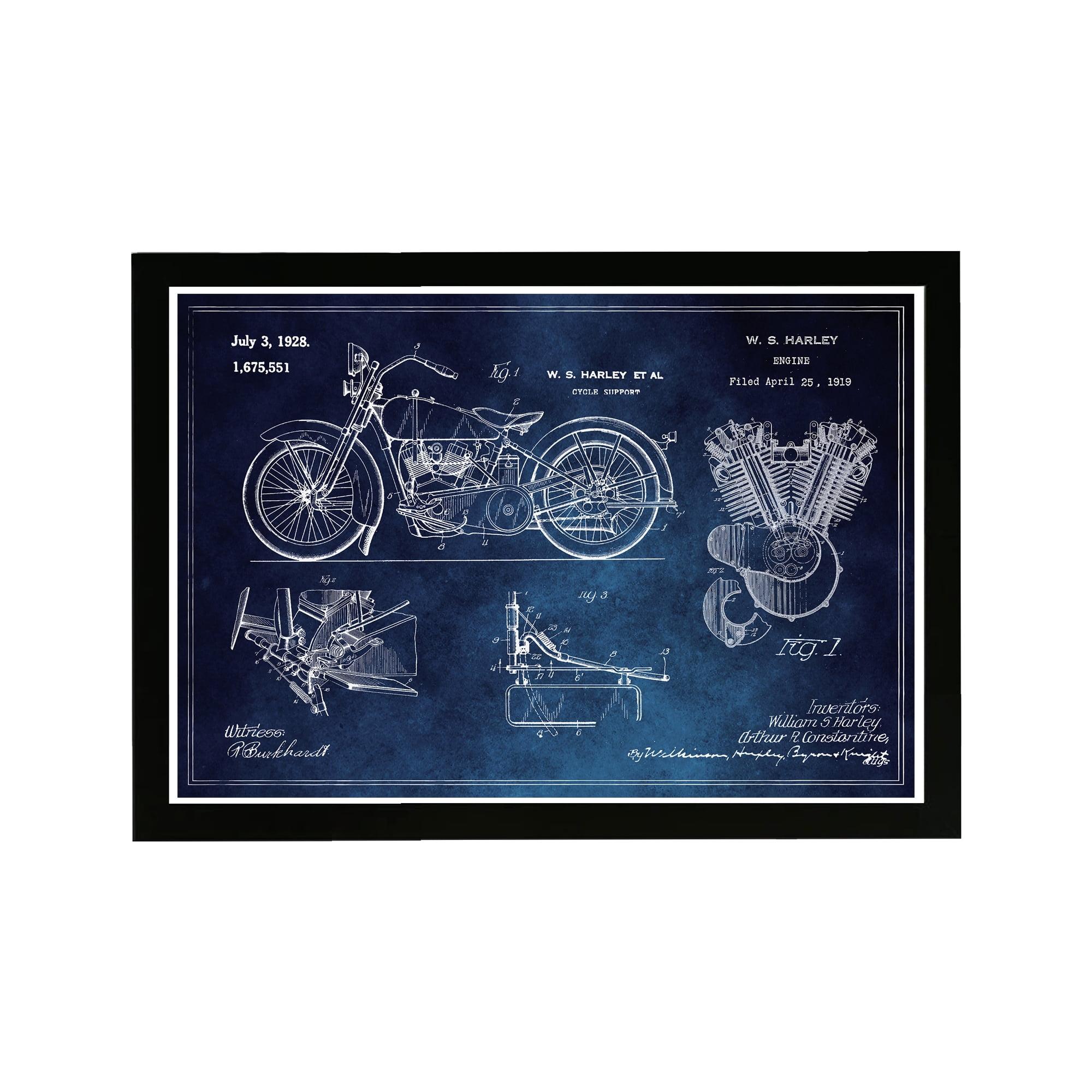 Wynwood Studio 21"x15" Harley Engine 1923 Horiz Blue Chalkboard Wall Art Black Frame: Modern Decor, Wood Composite