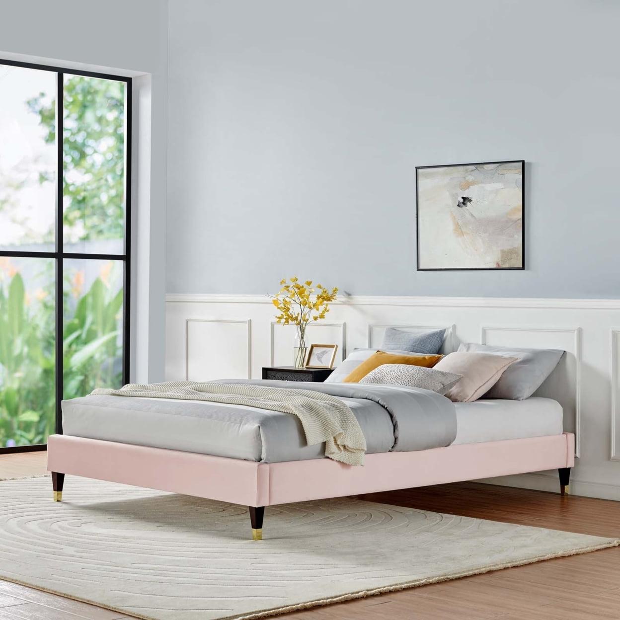 Harlow Glam Deco Pink Velvet King Platform Bed with Gold Accents