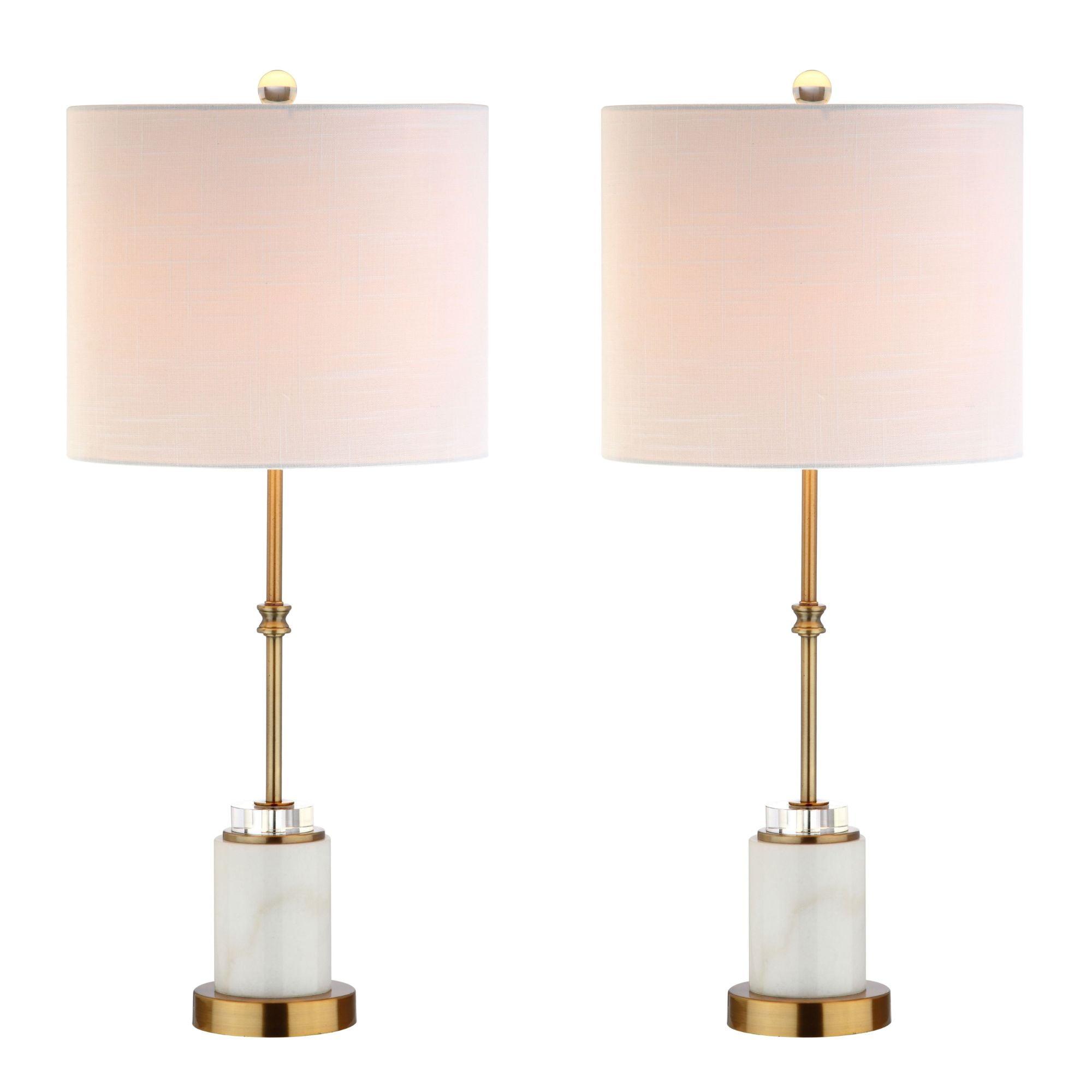 Elegant Transitional 27" Marble & Brass LED Table Lamp Set, White