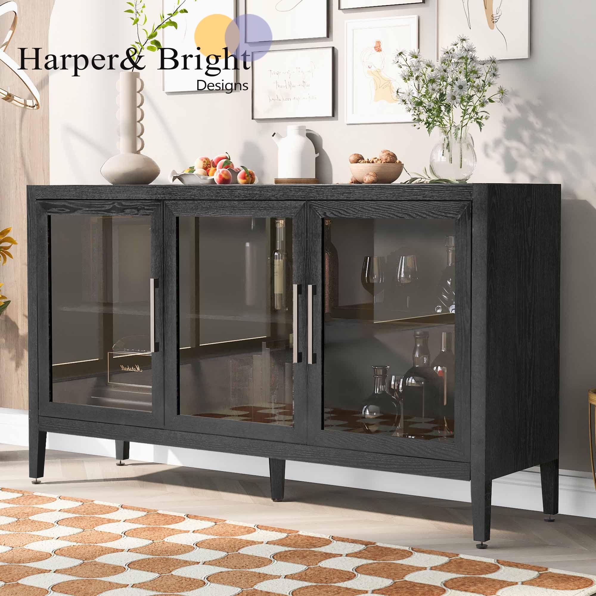 Wood Storage Cabinet With Three Tempered Glass Doors And Adjustable Shelf, Modern Accent Cabinet Black-Cuddlewood