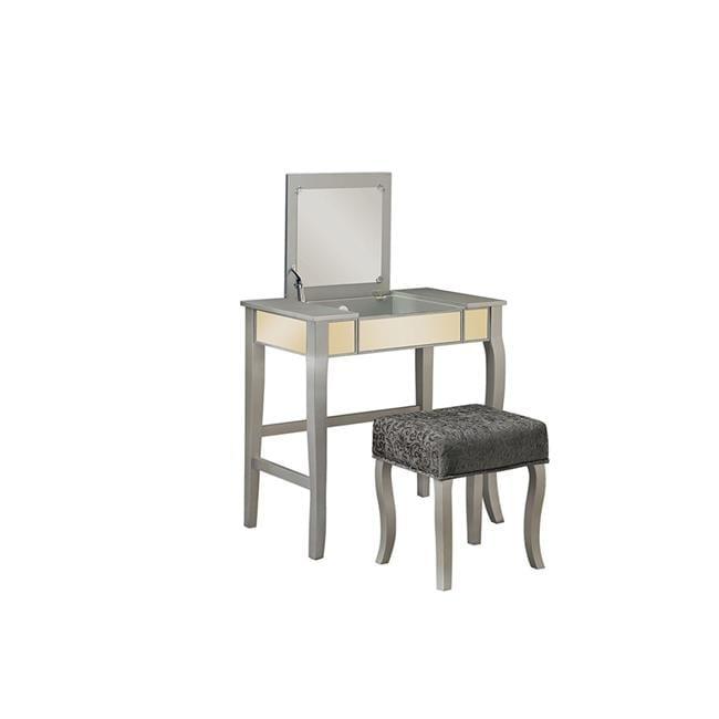 Harper Glam Flip-up Mirror Wood Vanity and Gray Upholstered Stool Mirror and Silver - Linon